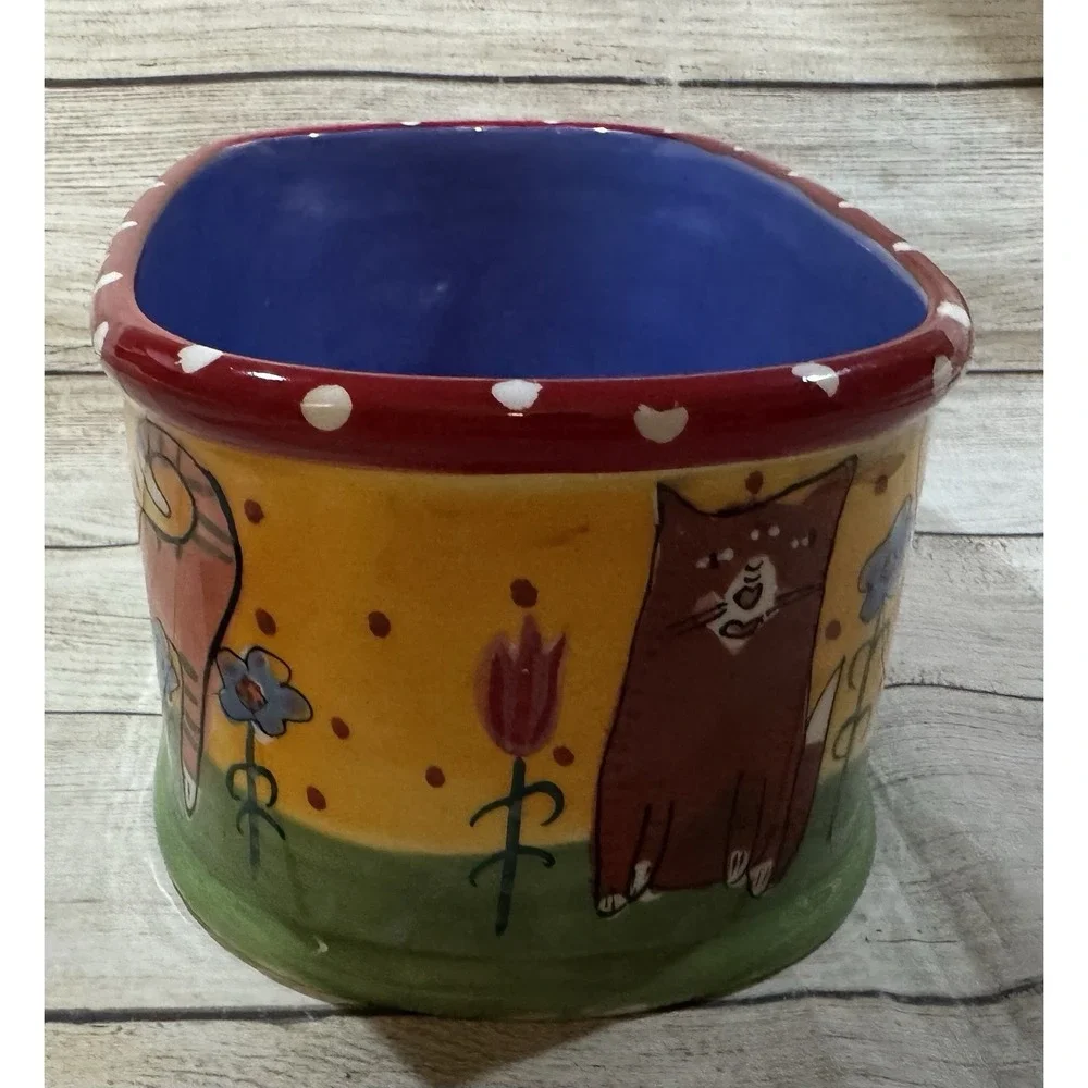 Sharon Bloom Whimsical Cats in Bloom Oval Planter Decor Henriksen Handpainted